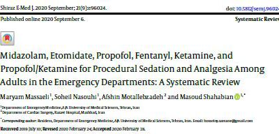 مقاله مروری مقایسه میدازولام، اتومیدیت، کتامین، فنتانیل و کتوفول در سدیشن در اورژانس