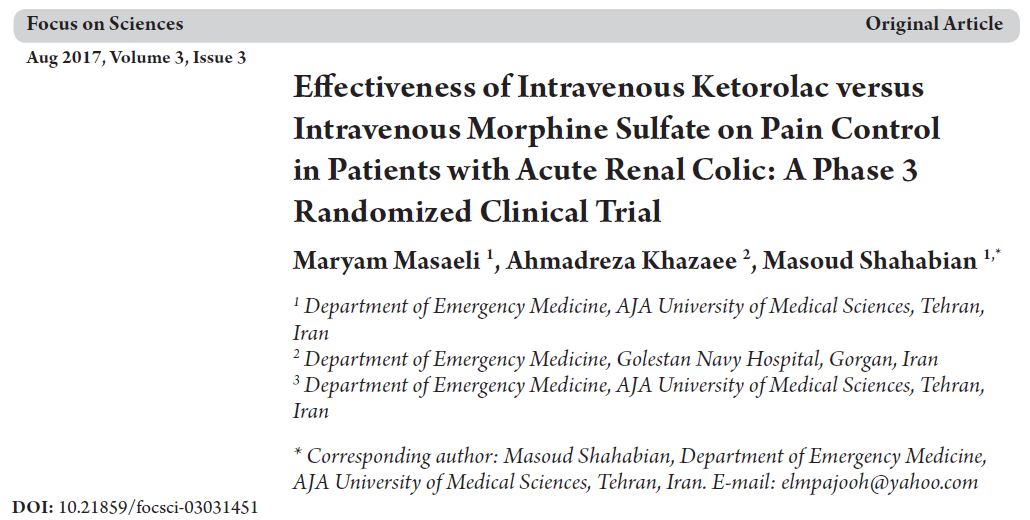 Effectiveness of Intravenous Ketorolac versus Intravenous Morphine Sulfate on Pain Control in Patients with Acute Renal Colic: A Phase 3 Randomized Clinical Trial